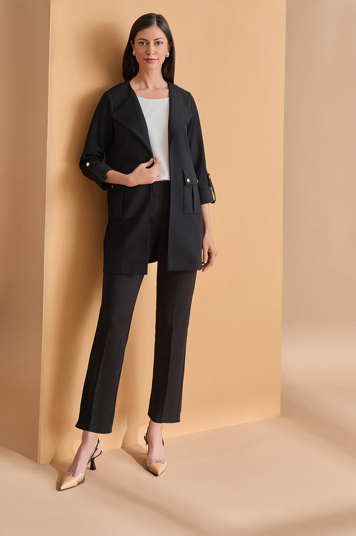 Petite Heritage Lightweight Stretch Deco Crepe Wing Collar Jacket, Black, Black | Ming Wang