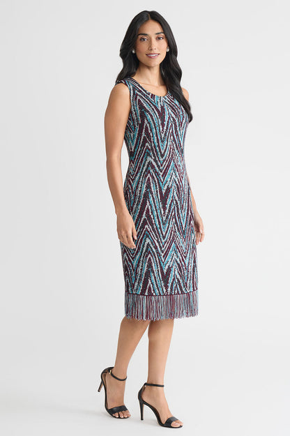 Petite Lurex Fringe Trim Jacquard Knit Sheath Dress, Midnight Violet/Nebula/Lunar Rock/Silver/Black | Ming Wang