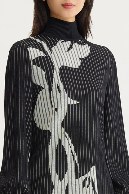 Petite Mock Neck Floral Soft Ribbed Knit Top, Black/Ivory | Ming Wang