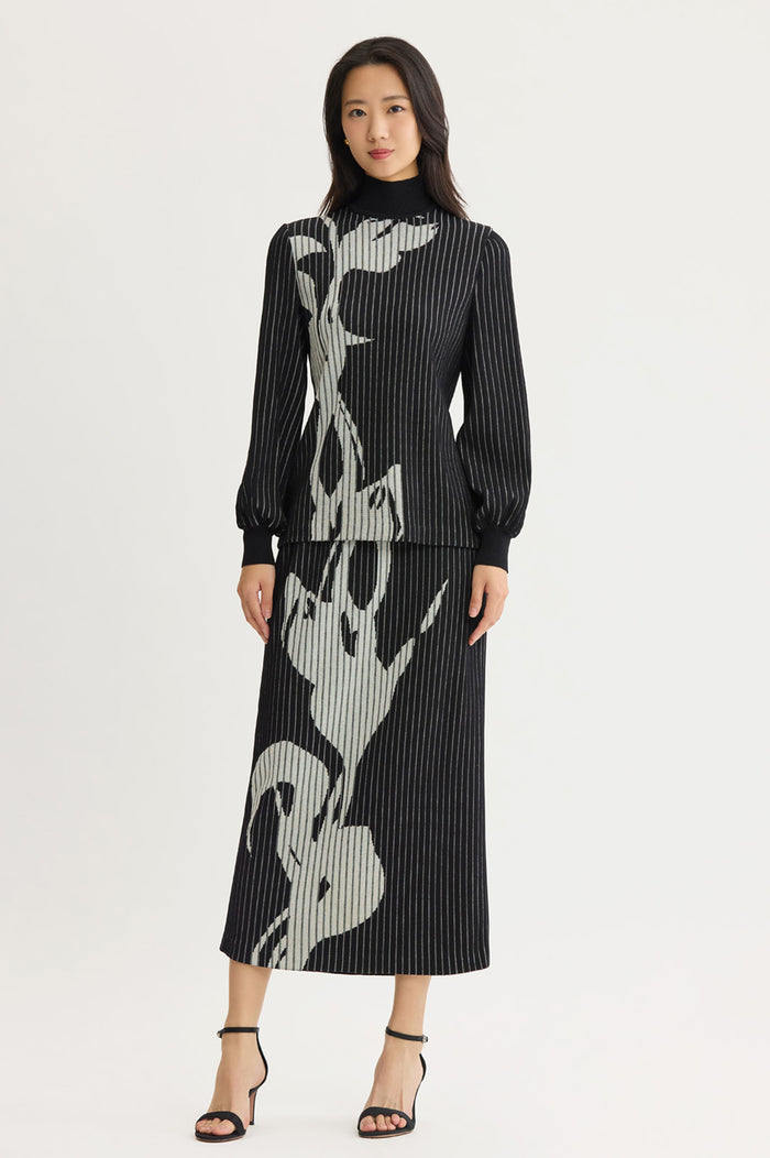 Petite Mock Neck Floral Soft Ribbed Knit Top, Black/Ivory | Ming Wang