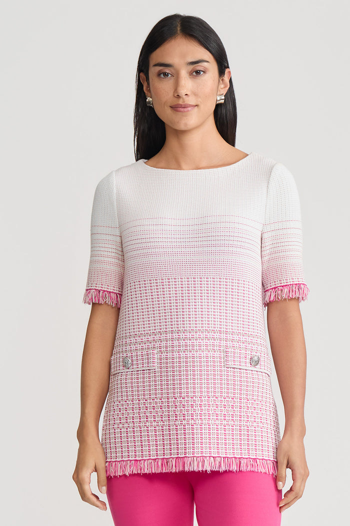 Petite Ombre Fringe Trim Jacquard Knit Tunic, Carmine Rose/Limestone/White | Ming Wang