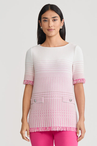 Petite Ombre Fringe Trim Jacquard Knit Tunic, Carmine Rose/Limestone/White | Ming Wang