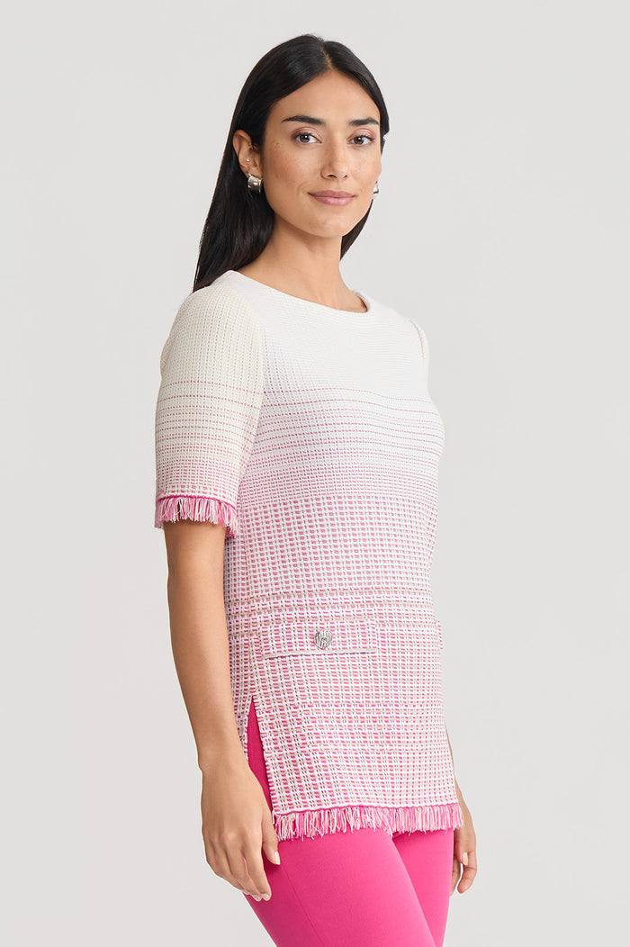 Petite Ombre Fringe Trim Jacquard Knit Tunic, Carmine Rose/Limestone/White | Ming Wang