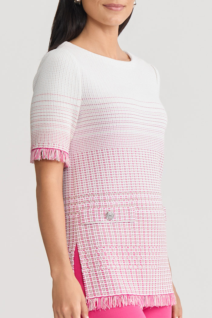 Petite Ombre Fringe Trim Jacquard Knit Tunic, Carmine Rose/Limestone/White | Ming Wang