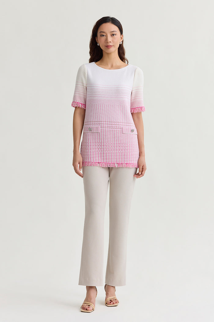 Petite Ombre Fringe Trim Jacquard Knit Tunic, Carmine Rose/Limestone/White | Ming Wang
