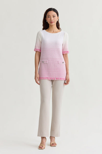 Petite Ombre Fringe Trim Jacquard Knit Tunic, Carmine Rose/Limestone/White | Ming Wang
