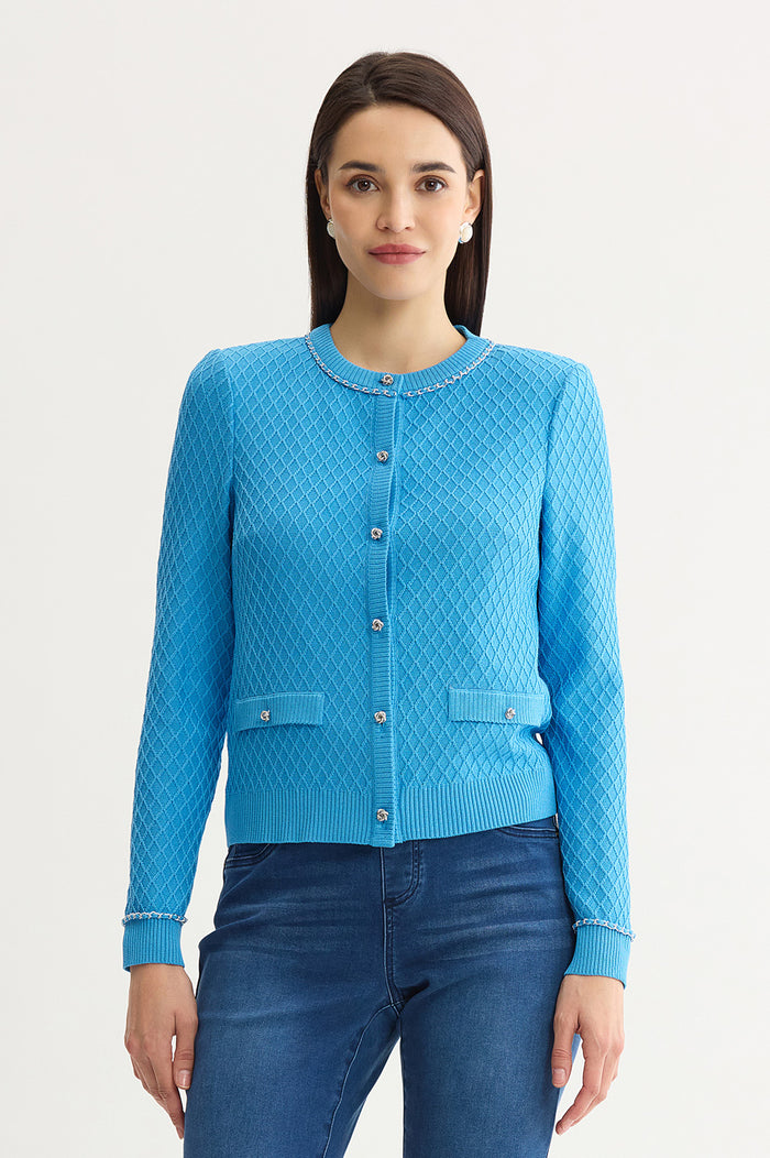 Petite Raised Diamond Ribbed Knit Cardigan, Tranquil Blue | Ming Wang