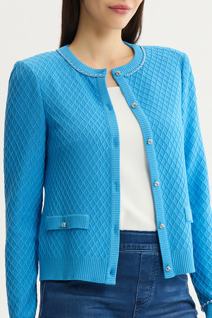Petite Raised Diamond Ribbed Knit Cardigan, Tranquil Blue | Ming Wang