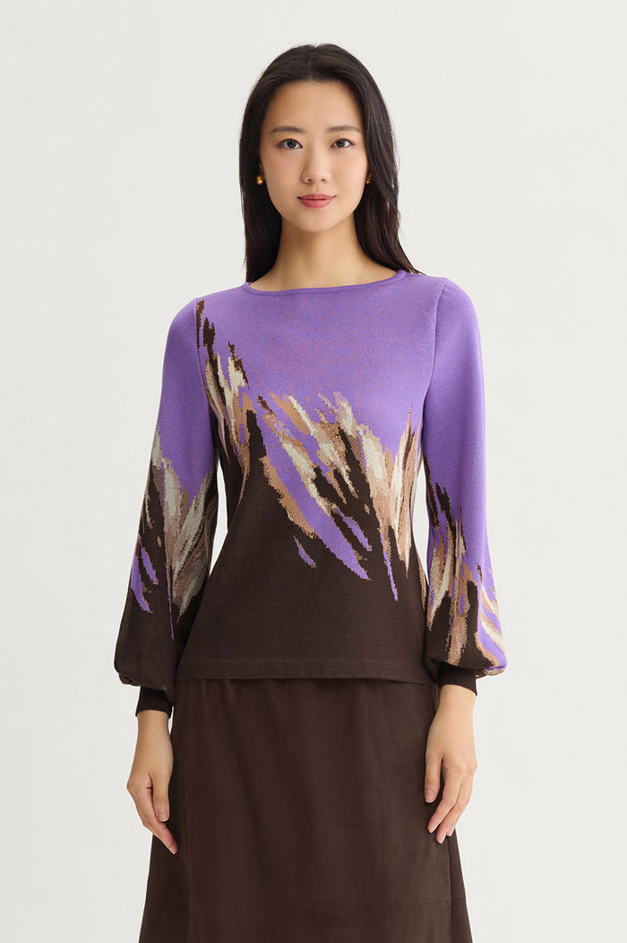 Petite Soft Jacquard Knit Top, Sunset Purple/Dark Umber/Warm Taupe/French Almond/Black | Ming Wang