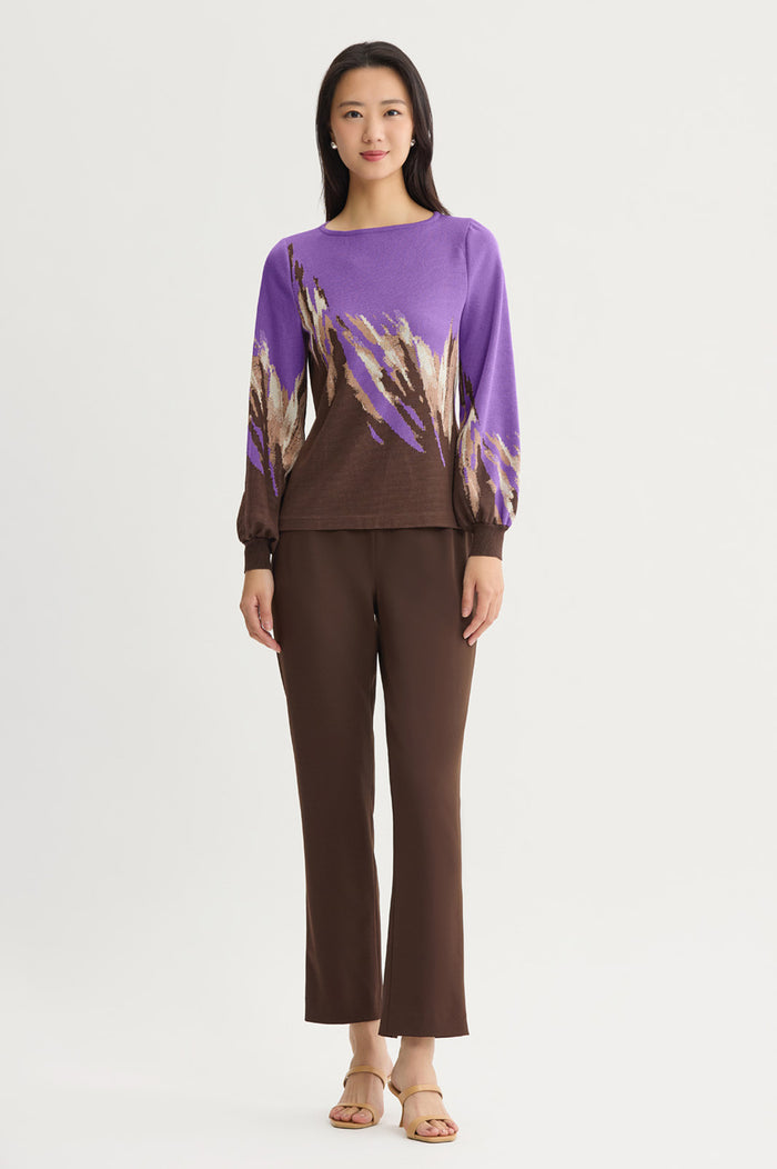 Petite Soft Jacquard Knit Top, Sunset Purple/Dark Umber/Warm Taupe/French Almond/Black | Ming Wang