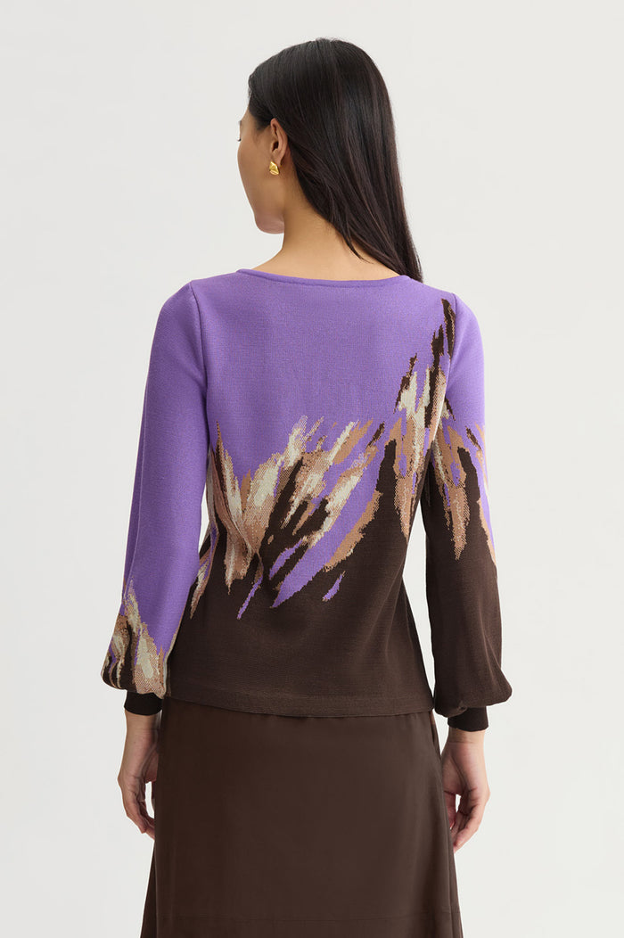 Petite Soft Jacquard Knit Top, Sunset Purple/Dark Umber/Warm Taupe/French Almond/Black | Ming Wang