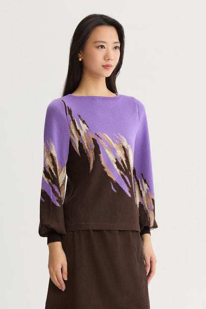 Petite Soft Jacquard Knit Top, Sunset Purple/Dark Umber/Warm Taupe/French Almond/Black | Ming Wang