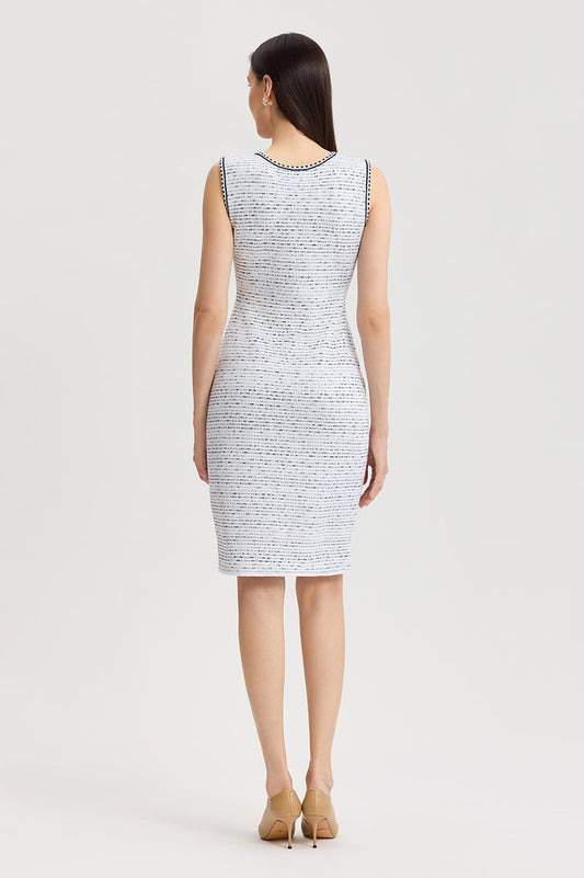 Petite Soft Knit Knee-Length Sheath Dress, White/Indigo | Ming Wang