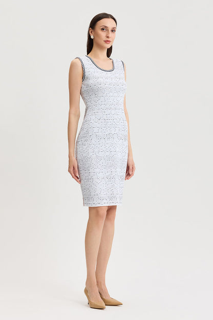 Petite Soft Knit Knee-Length Sheath Dress, White/Indigo | Ming Wang