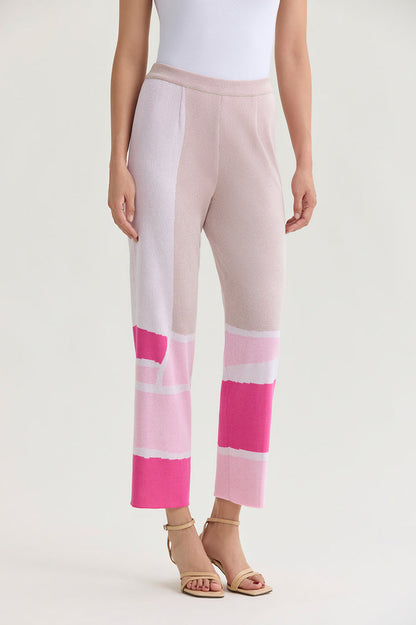 Petite Soft Knit Straight-Leg Colorblock Ankle Pants, Carmine Rose/Perfect Pink/Limestone/White | Ming Wang