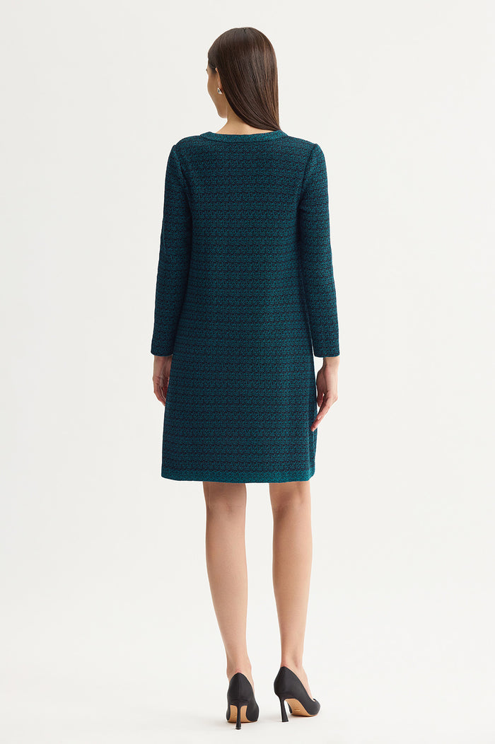 Petite Split V-Neck Jacquard Knit Dress, Deep Teal/Black | Ming Wang