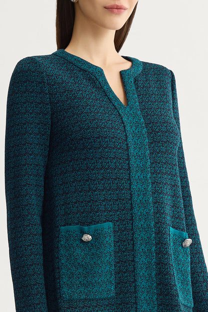 Petite Split V-Neck Jacquard Knit Dress, Deep Teal/Black | Ming Wang