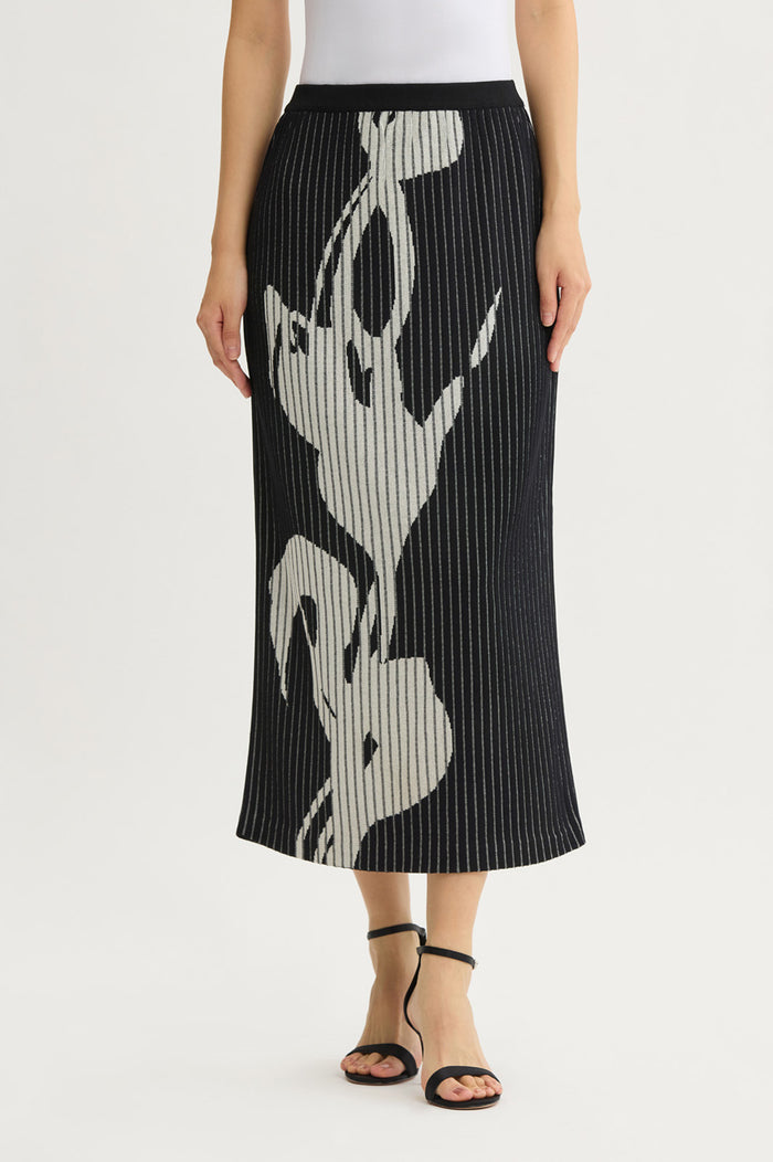 Petite Straight Floral Soft Ribbed Knit Maxi Skirt, Black/Ivory | Ming Wang