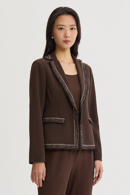 Petite Stretch Deco Crepe Knit Trim Jacket, Dark Umber/Warm Taupe/Ivory | Ming Wang