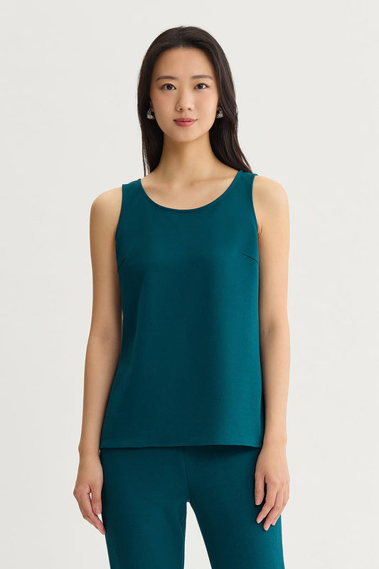 Petite Stretch Deco Crepe Scoop Neck Tank, Deep Teal, Deep Teal | Ming Wang