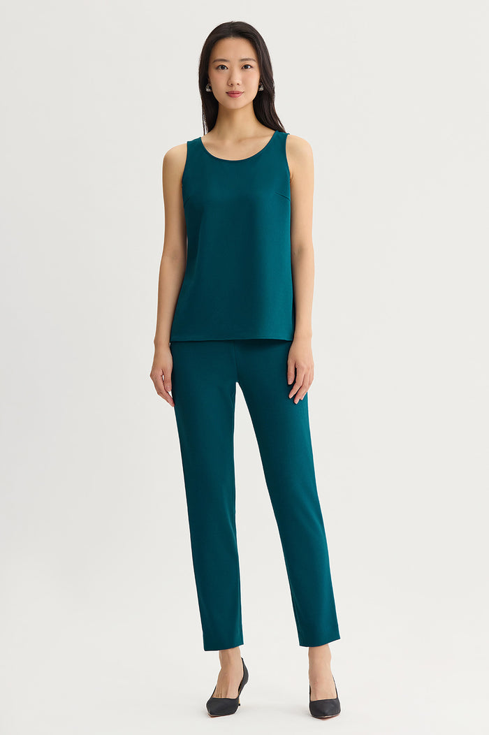 Petite Stretch Deco Crepe Scoop Neck Tank, Deep Teal, Deep Teal | Ming Wang