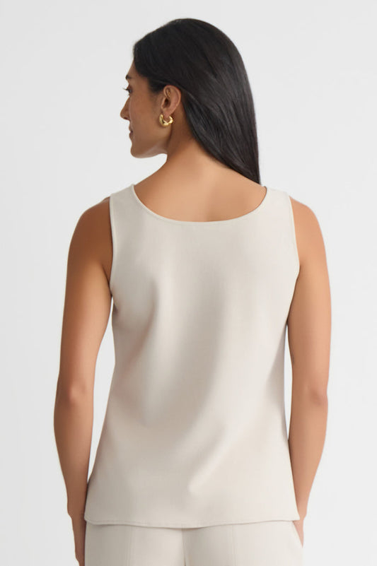 Petite Stretch Deco Crepe Scoop Neck Tank, Limestone, Limestone | Ming Wang