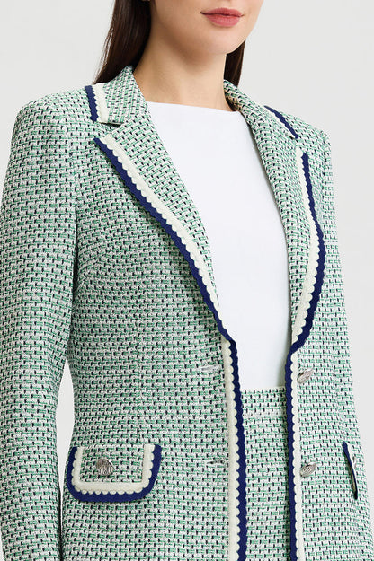 Petite Tailored Jacquard Basketweave Knit Jacket, Kelly Green/Indigo/Ivory | Ming Wang
