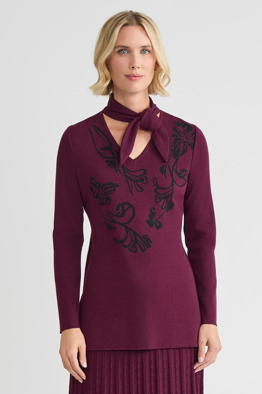 Petite Tie-Neck Floral Jacquard Soft Knit Tunic, Midnight Violet/Black | Ming Wang