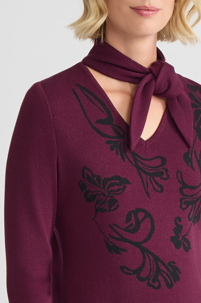 Petite Tie-Neck Floral Jacquard Soft Knit Tunic, Midnight Violet/Black | Ming Wang