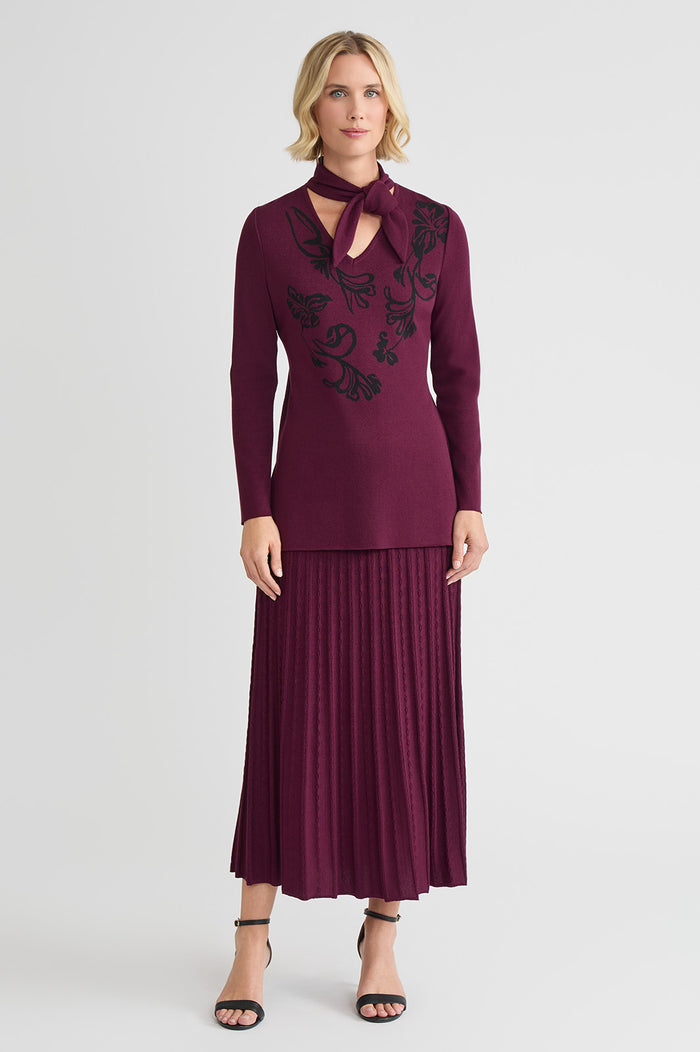 Petite Tie-Neck Floral Jacquard Soft Knit Tunic, Midnight Violet/Black | Ming Wang