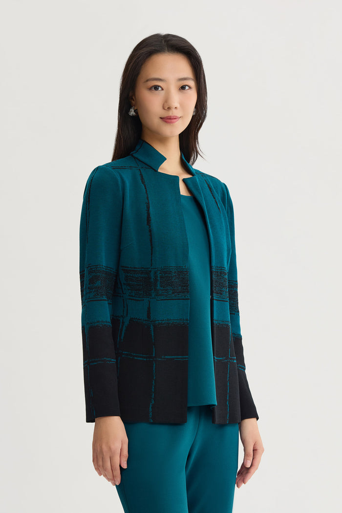 Petite Two-Toned Flat Knit Jacket, Deep Teal/Black | Ming Wang