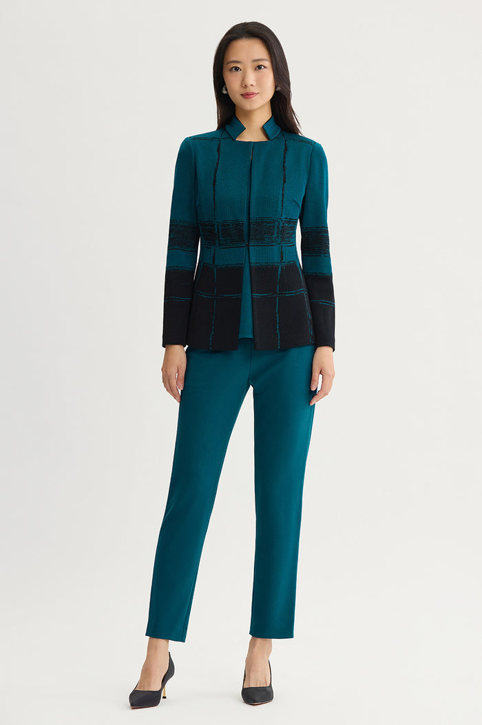 Petite Two-Toned Flat Knit Jacket, Deep Teal/Black | Ming Wang