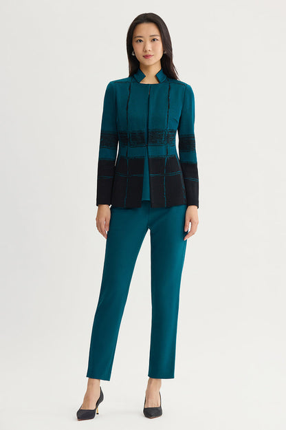 Petite Two-Toned Flat Knit Jacket, Deep Teal/Black | Ming Wang