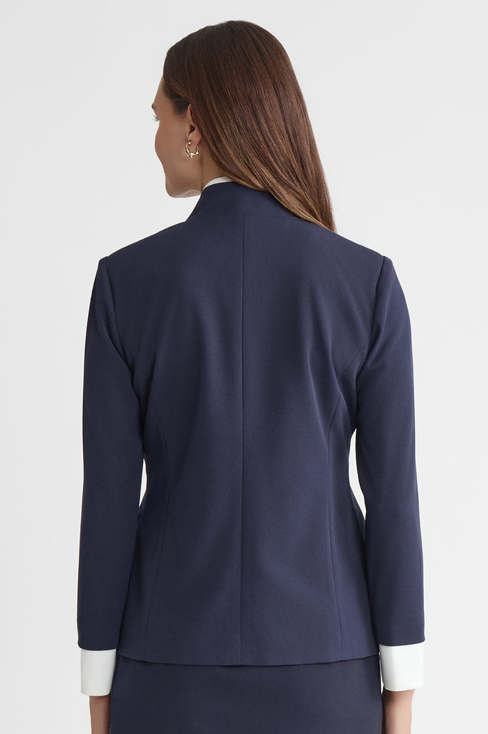 Petite Tailored Two-Toned Stretch Deco Crepe Blazer, Indigo, Indigo/White | Ming Wang