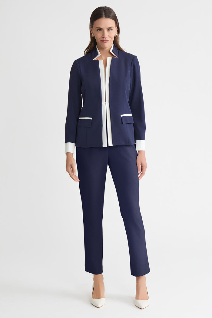 Petite Tailored Two-Toned Stretch Deco Crepe Blazer, Indigo, Indigo/White | Ming Wang