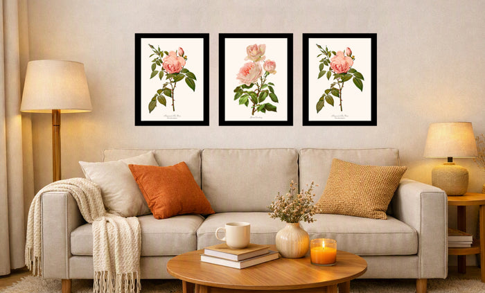 Pink Rose Vintage Botanical Print Set. Matched Set of 3 | Old Garden Rose Wall Art Print