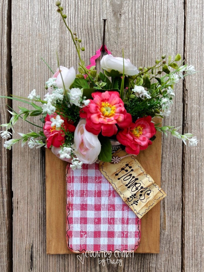 Pink & White Mason Jar Floral Slatted Fence Hanging Sign