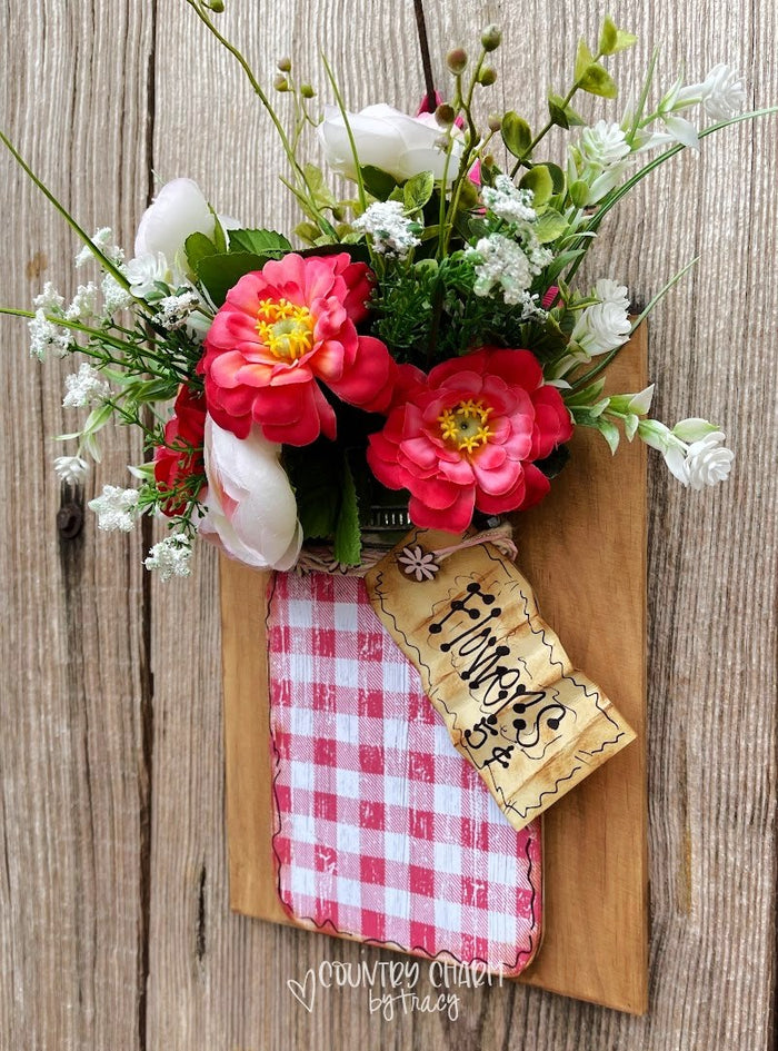 Pink & White Mason Jar Floral Slatted Fence Hanging Sign