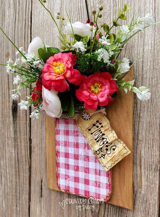Pink & White Mason Jar Floral Slatted Fence Hanging Sign