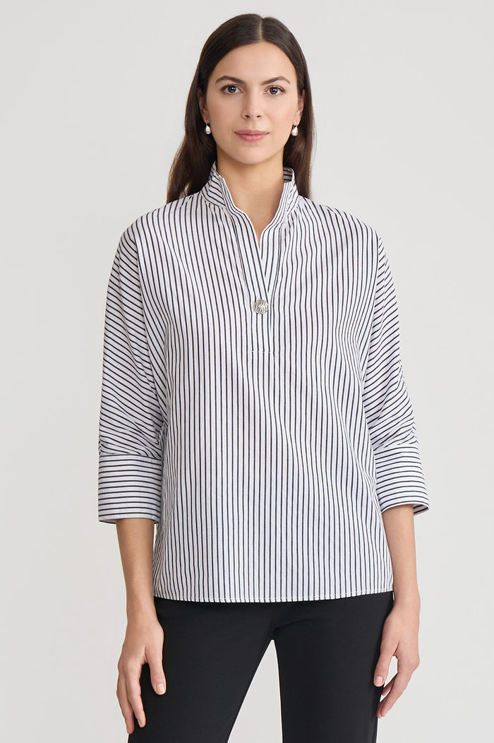 Pinstripe Dolman Sleeve Cotton Blouse, Black/White | Ming Wang