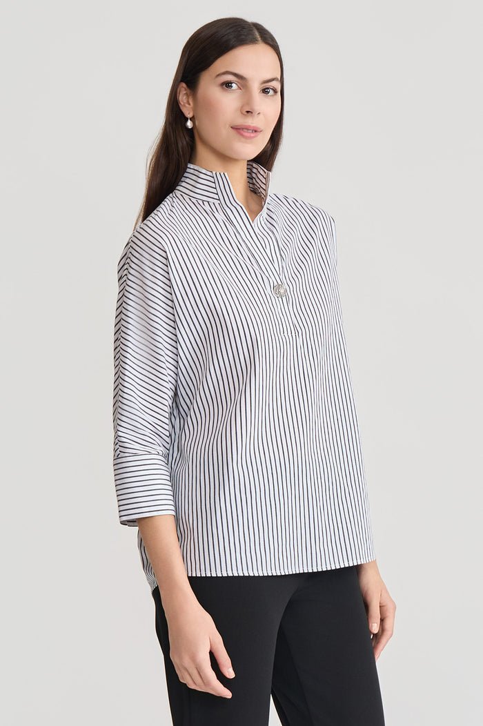 Pinstripe Dolman Sleeve Cotton Blouse, Black/White | Ming Wang