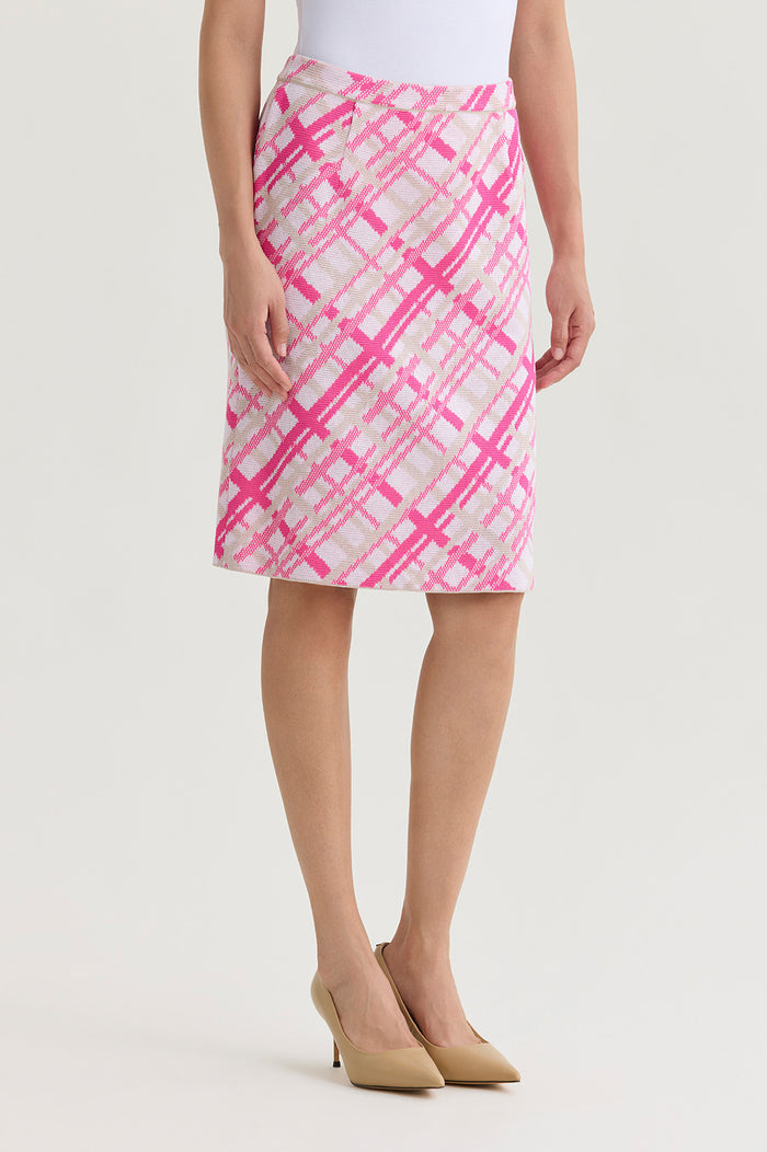 Plaid Knit Straight Skirt, Carmine Rose/Perfect Pink/Limestone/White | Ming Wang