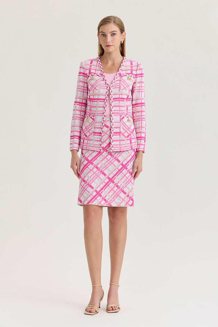 Plaid Knit Straight Skirt, Carmine Rose/Perfect Pink/Limestone/White | Ming Wang