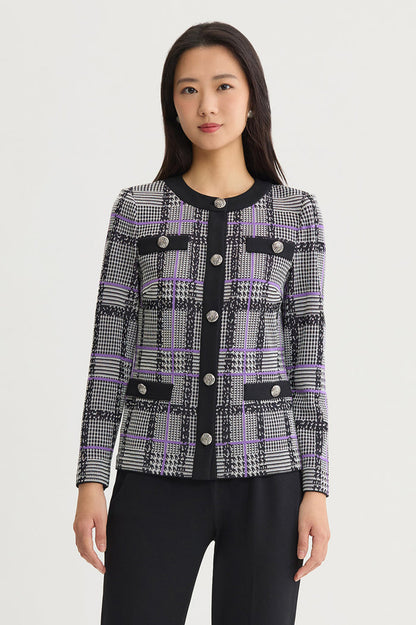 Plaid Tweed Knit Jacket, Black/Ivory/Sunset Purple | Ming Wang