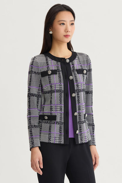 Plaid Tweed Knit Jacket, Black/Ivory/Sunset Purple | Ming Wang