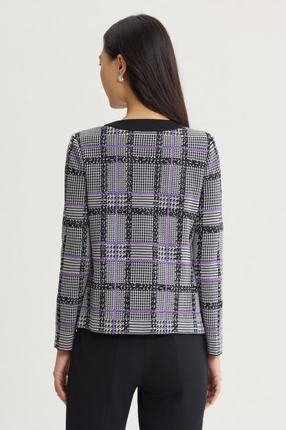 Plaid Tweed Knit Jacket, Black/Ivory/Sunset Purple | Ming Wang