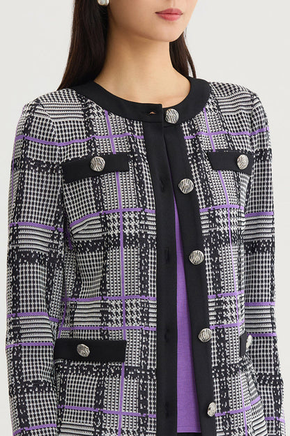 Plaid Tweed Knit Jacket, Black/Ivory/Sunset Purple | Ming Wang