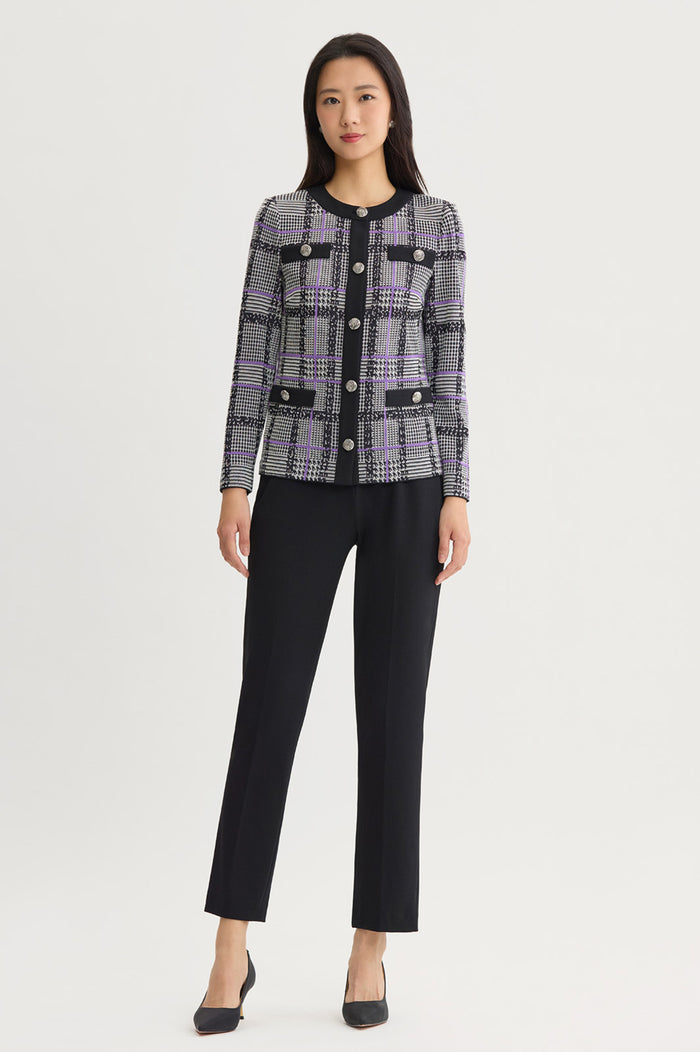 Plaid Tweed Knit Jacket, Black/Ivory/Sunset Purple | Ming Wang