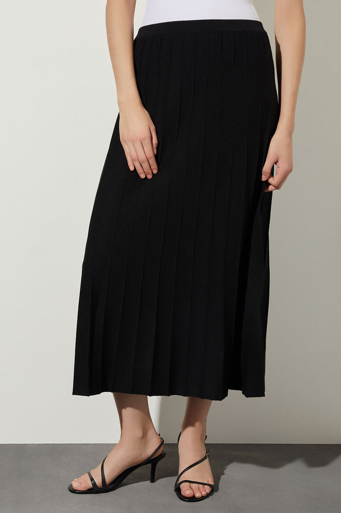 Pleated Soft Knit Maxi Skirt, Black | Ming Wang