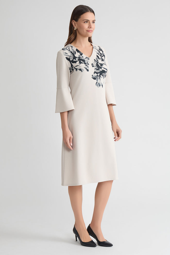 Plus Size A-Line Floral Printed Stretch Deco Crepe Dress, Limestone/Black | Ming Wang